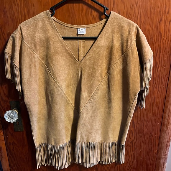 Vintage tan leather fringe poncho - Picture 1 of 3